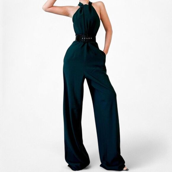 Vintage Y2K Green Sleeveless Halter Wide Leg Jumpsuit Size M - Picture 1 of 8